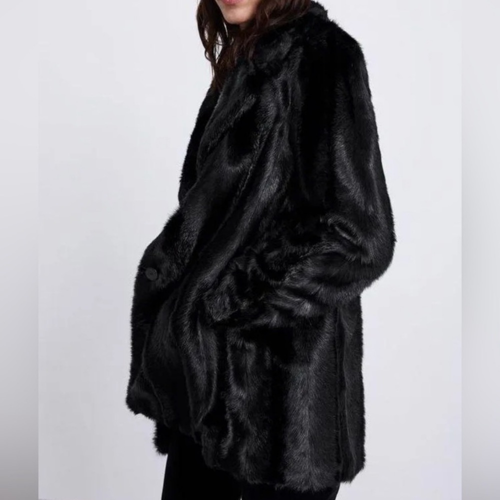 Zara NWT black lapel collar faux fur coat - Picture 5 of 10
